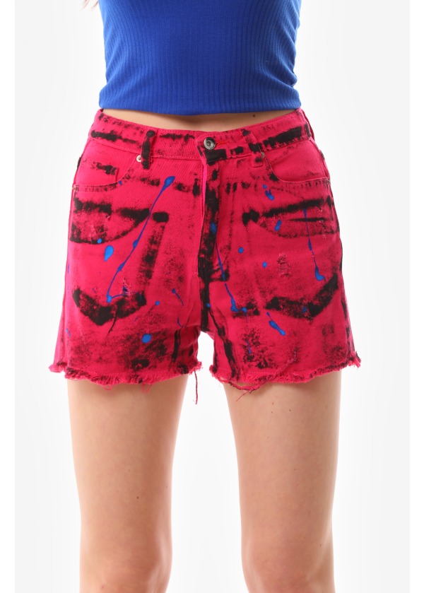 Siyah Varak Baskılı Fuşya Kot Şort 