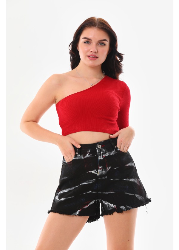 Gümüş Varak En Baskılı Siyah Kot Şort 