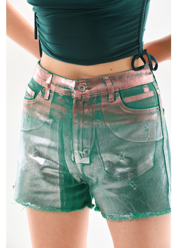 Gümüş Varak Baskılı Yeşil Kot Şort