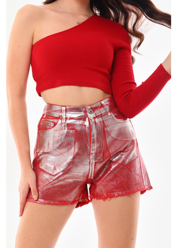 Gümüş Varak Baskılı Kırmızı Kot Şort