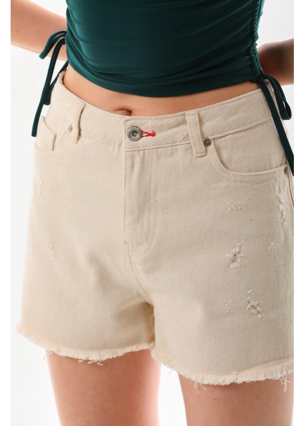 Cepli Ekru Düz Kadın Kot Şort 