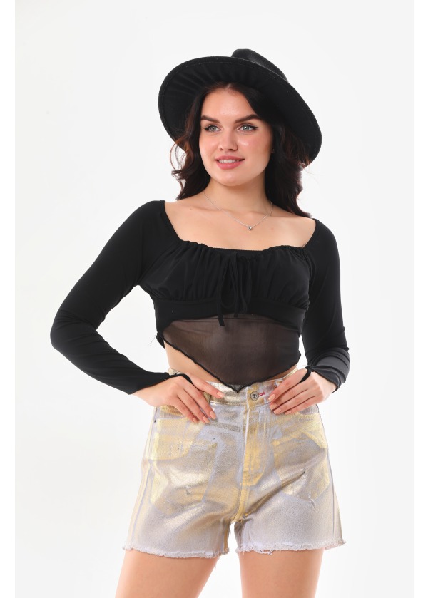 Gold Varak Baskılı Beyaz Kot Şort 