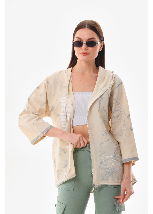 Fırca ve Yazı Desen Fermuarlı Kapüşonlu Arka Yırtmaç Bağlamalı Uzun Salaş Ceket