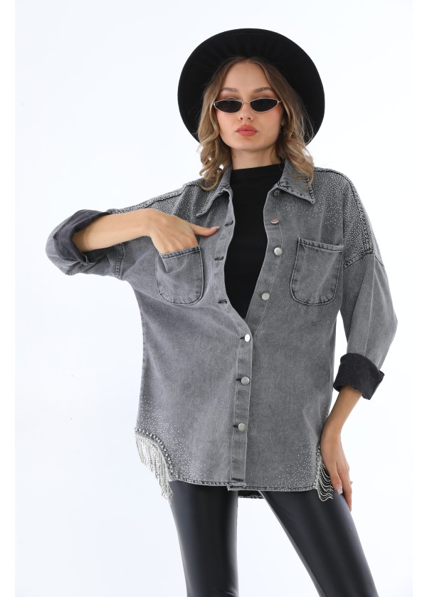 Zincir Taş Detay Cepli Kadın Antrasit Kot Gömlek