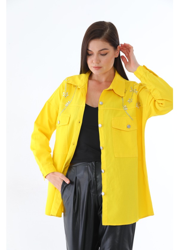 Taşlı Çift Cep Gümüş Düğme Kadın Sarı Gömlek