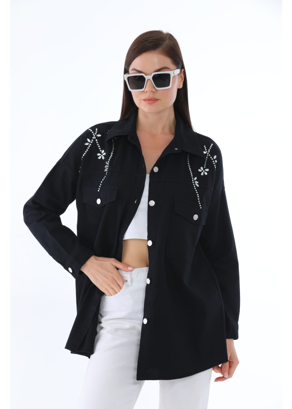 Taşlı Çift Cep Gümüş Düğme Kadın Siyah Gömlek 