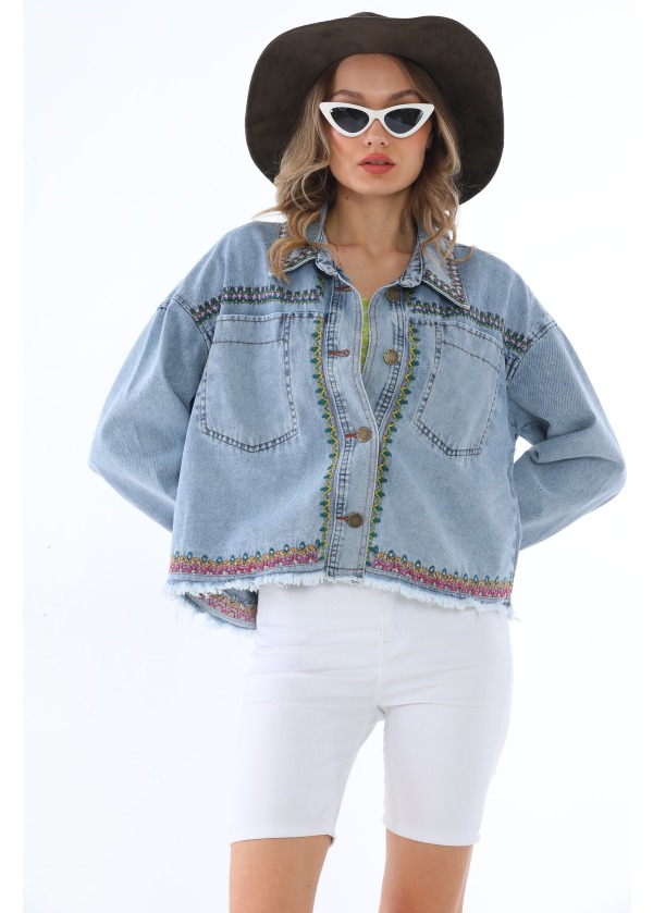 Nakış İşlemeli Cep Detay Kadın Kısa Kot Ceket