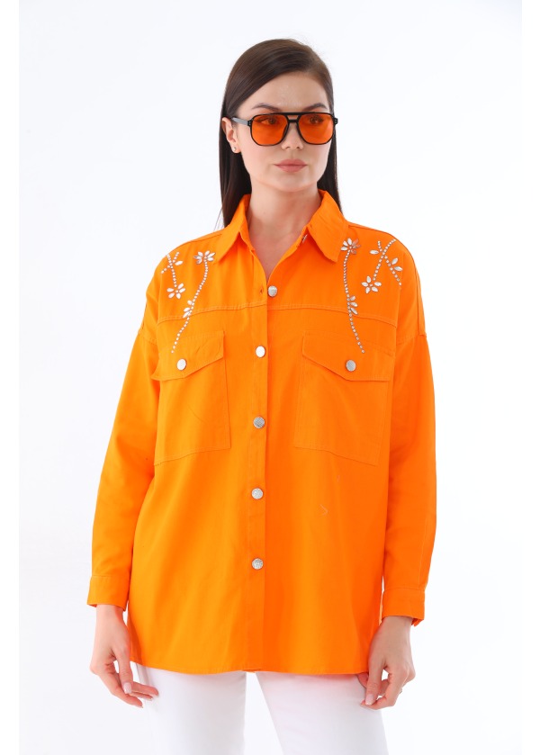 Taşlı Çift Cep Gümüş Düğme Kadın Oranj Gömlek 