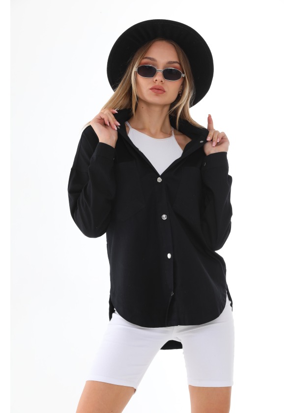 Çift Cepli Gabardin Siyah Kalın Gömlek