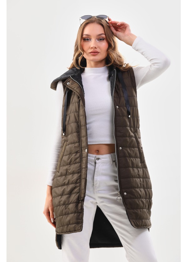 Kapüşonlu Uzun Kahve Şişme Yelek 