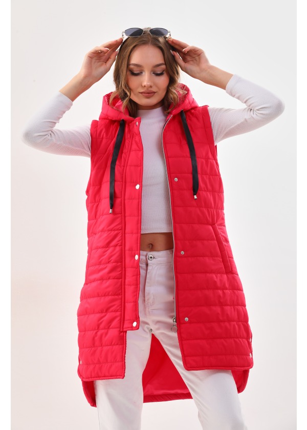 Kapüşonlu Uzun Fuşya Şişme Yelek 