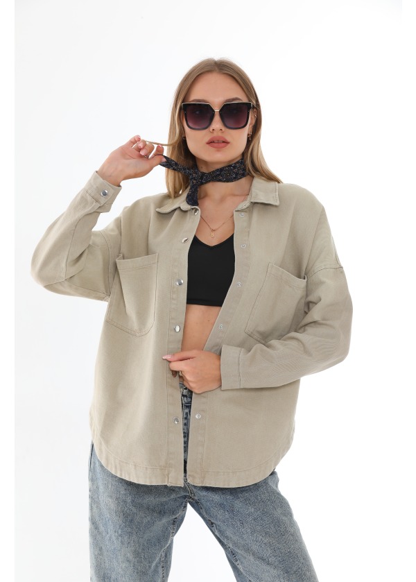 Çift Cepli Gabardin Taş Kalın Gömlek 