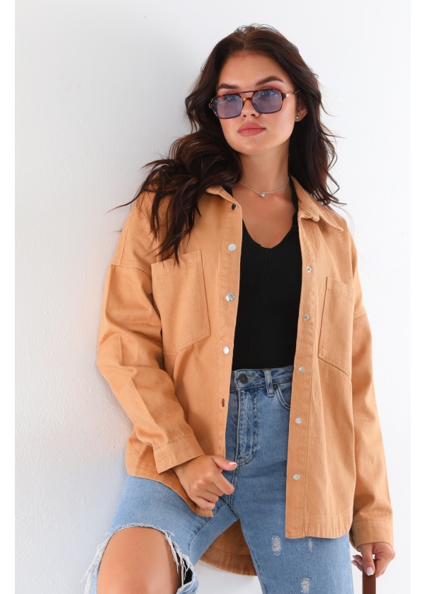 Çift Cepli Gabardin Taba Kalın Gömlek