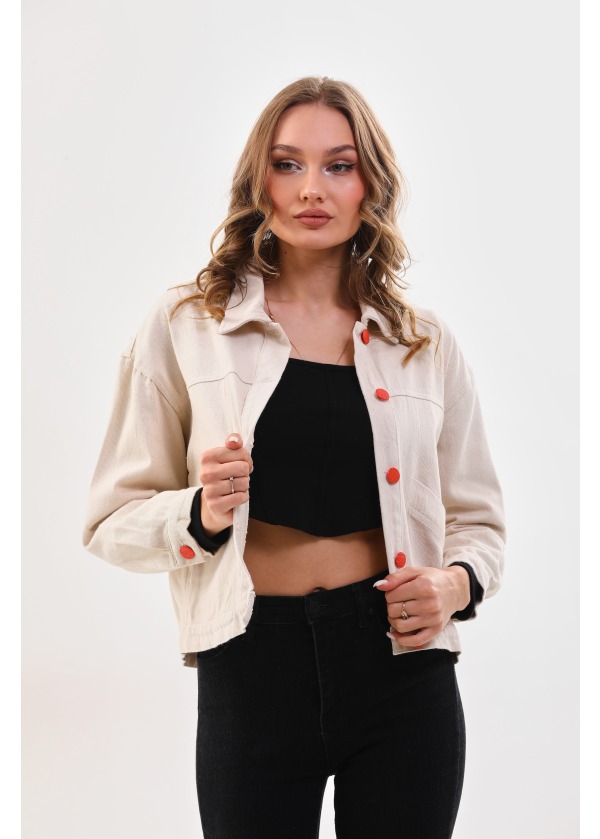 Kelebek Baskı Detaylı Cepli Renkli Düğme Kapüşonlu Oranj Ceket 