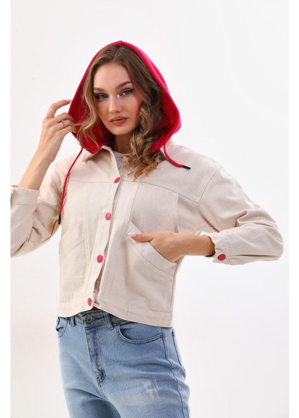 Kelebek Baskı Detaylı Cepli Renkli Düğme Kapüşonlu Fuşya Ceket 