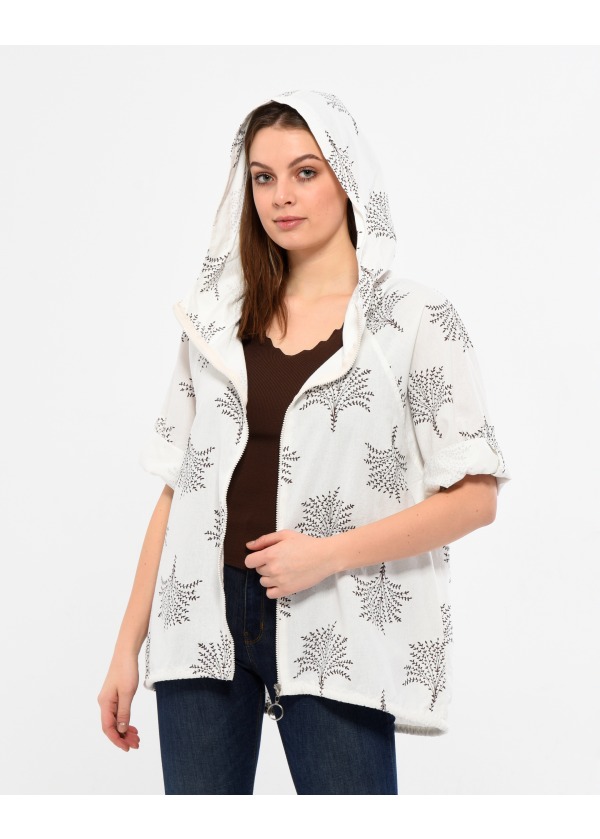 Yaprak Desen Kapüşonlu Fermuarlı Kadın  Kahve Salaş Ceket