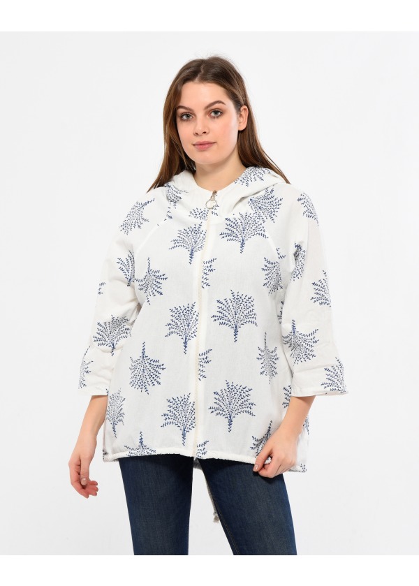 Yaprak Desen Kapüşonlu Fermuarlı Kadın  Mavi Salaş Ceket