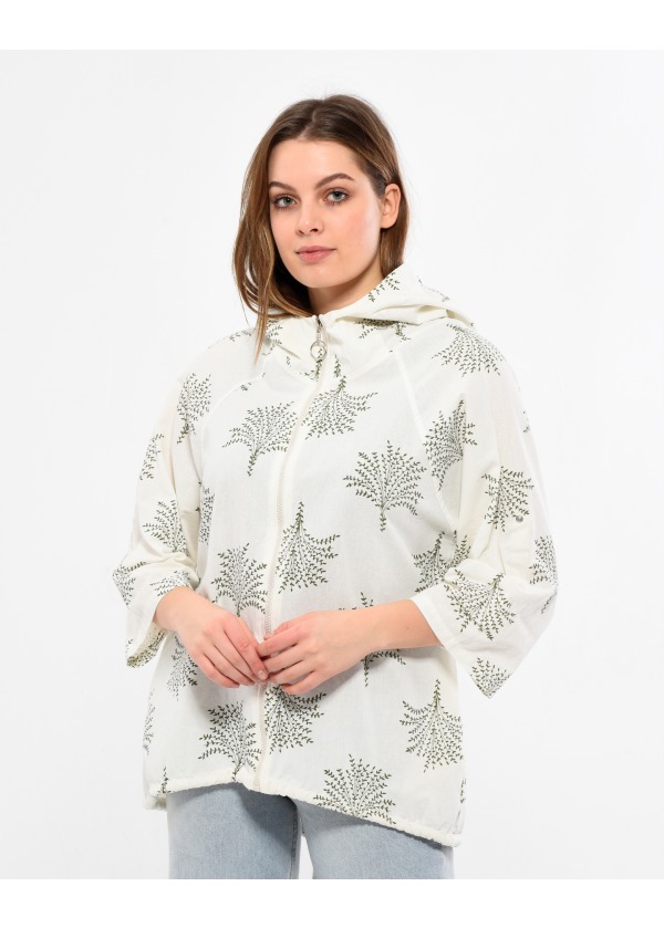 Yaprak Desen Kapüşonlu Fermuarlı Kadın  Haki Salaş Ceket