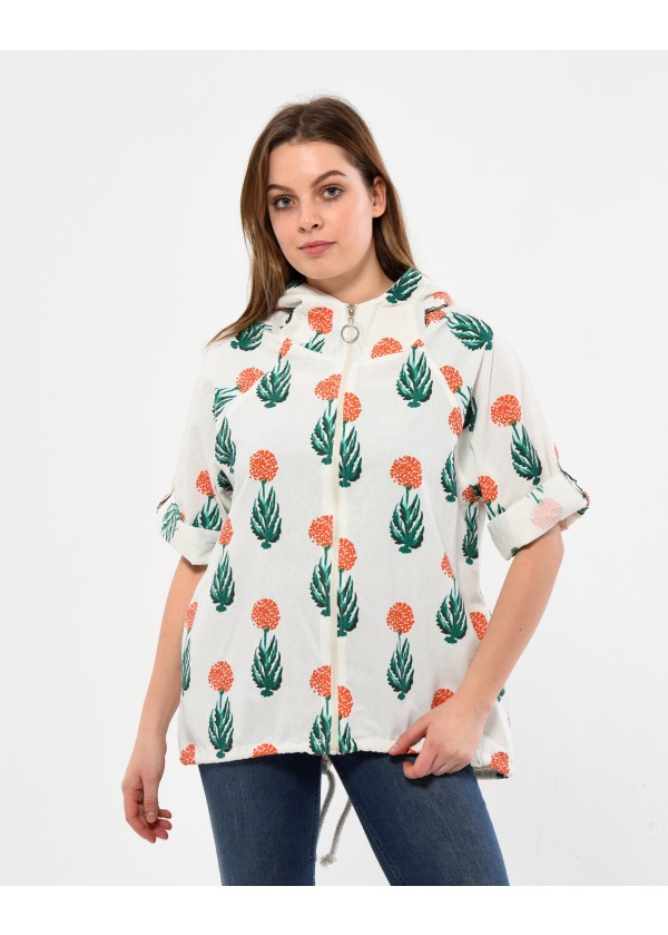 Ponpon Baskı Kapüşonlu Fermuarlı Oranj Kadın Salaş Ceket