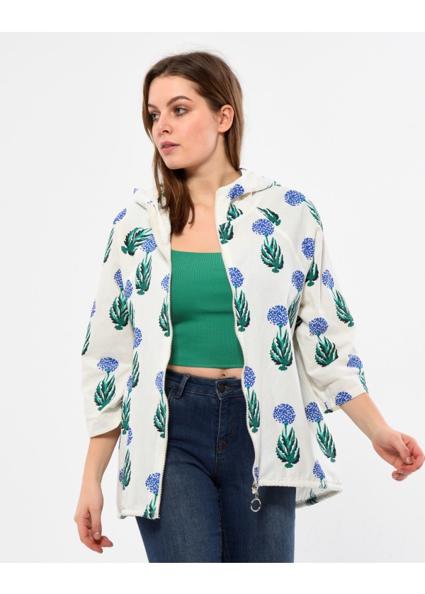 Ponpon Baskı Kapüşonlu Fermuarlı Lacivert Kadın Salaş Ceket