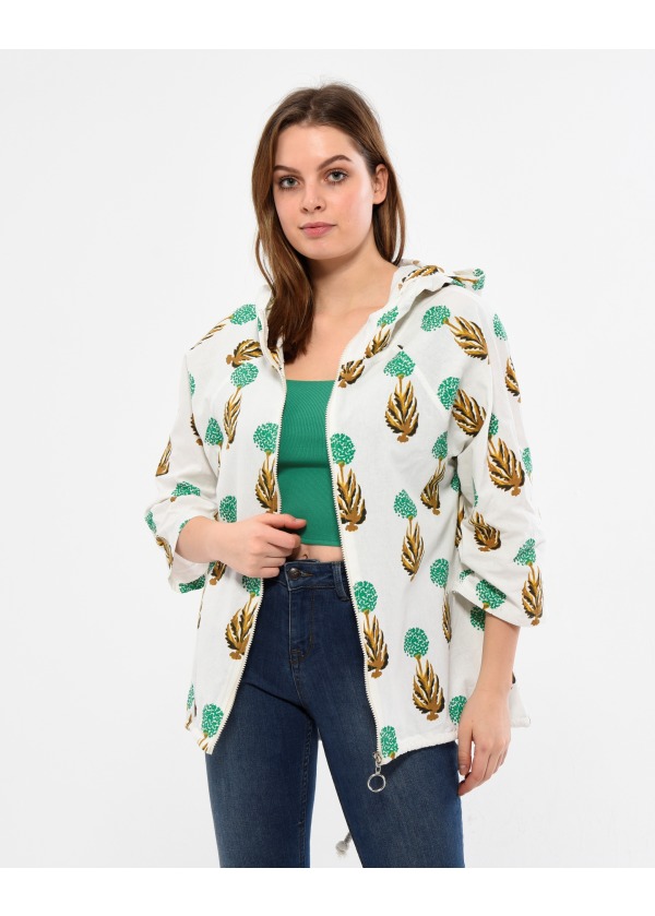 Ponpon Baskı Kapüşonlu Fermuarlı Benotton Kadın Salaş Ceket