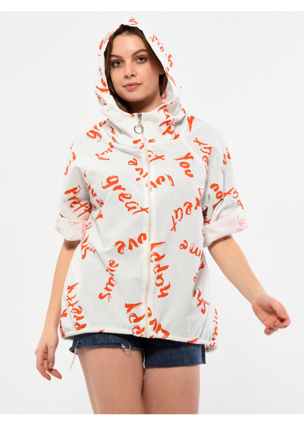 Yazı Desen Kapüşonlu Fermuarlı Turuncu Kadın Salaş Ceket