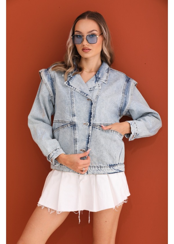 Düşük Omuz Tasarım Mavi Kot Ceket