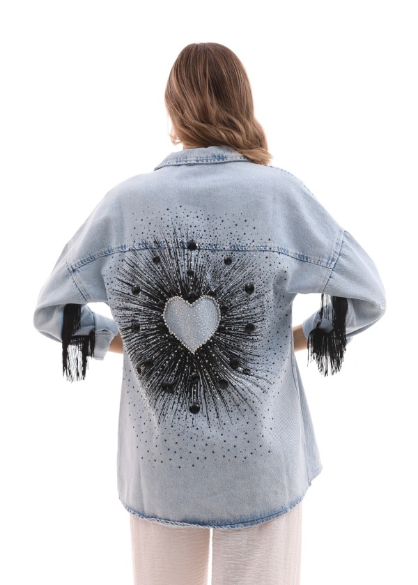 Sırtı Kalp Taş İşleme Kol Detay Mavi Kot Ceket