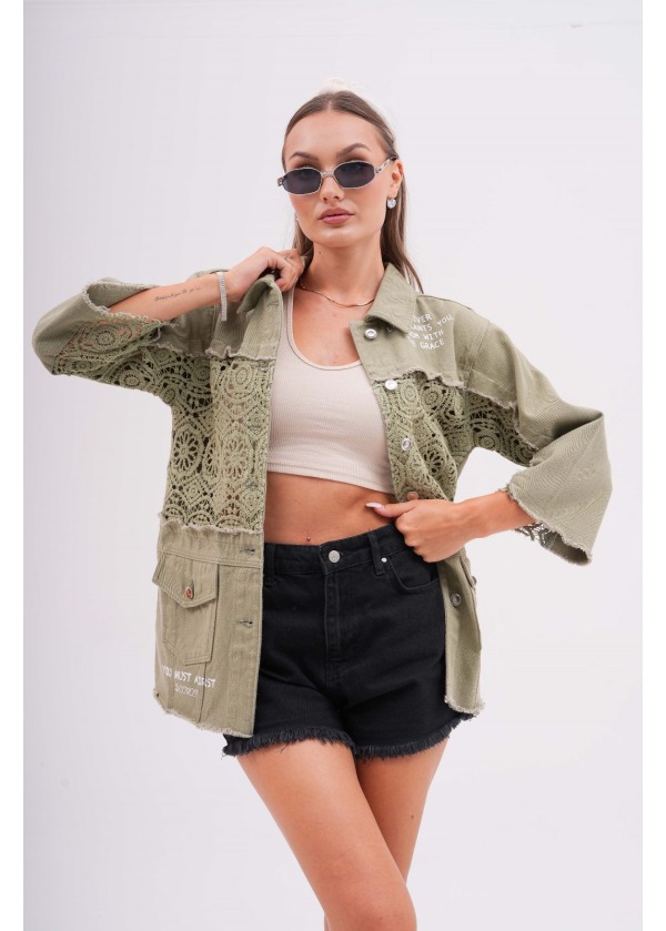 Dantelli Gabardin Tasarım Ceket Haki