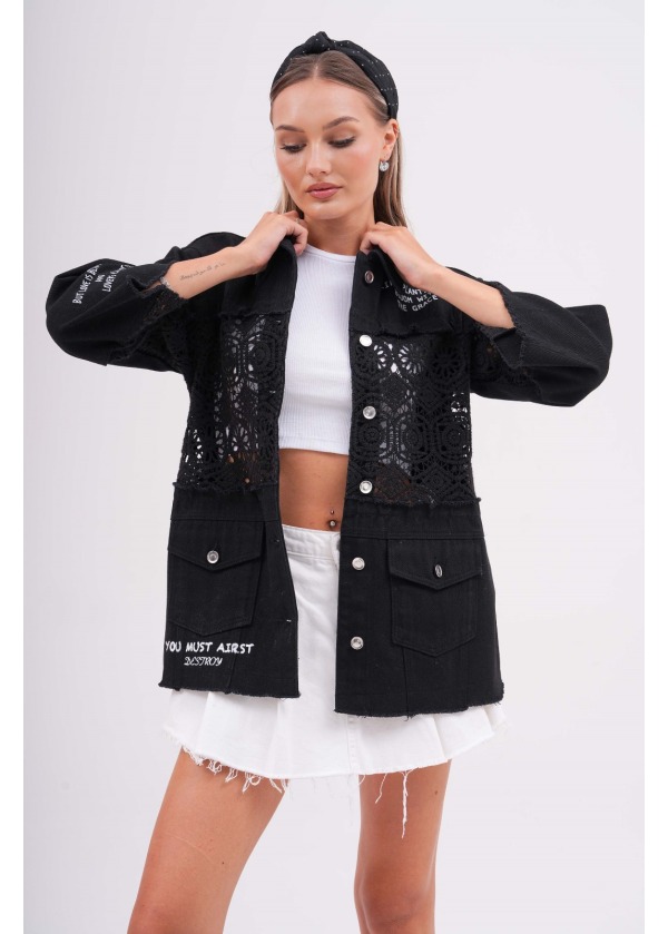 Dantelli Gabardin Tasarım Ceket Siyah