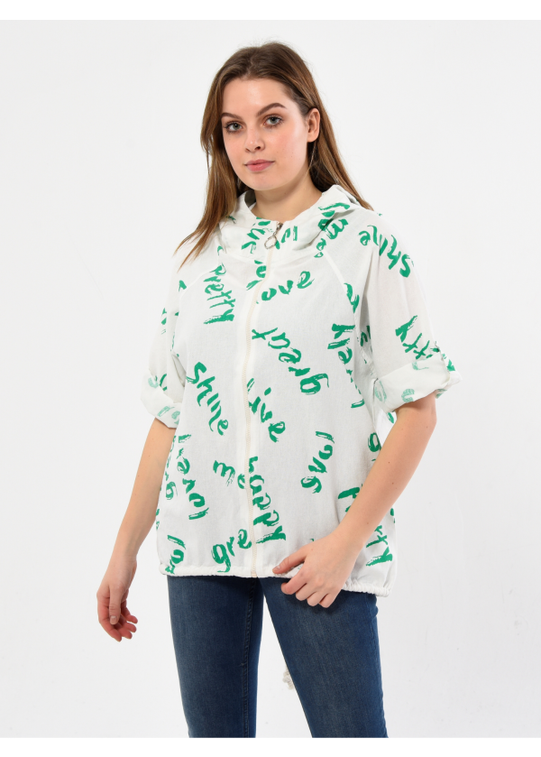 Yazı Desen Kapüşonlu Fermuarlı Benotton Kadın Salaş Ceket