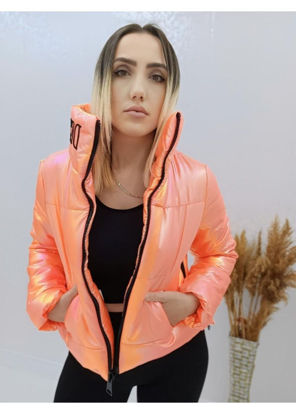 Cepli Dik Yaka Turuncu Şişme Mont 