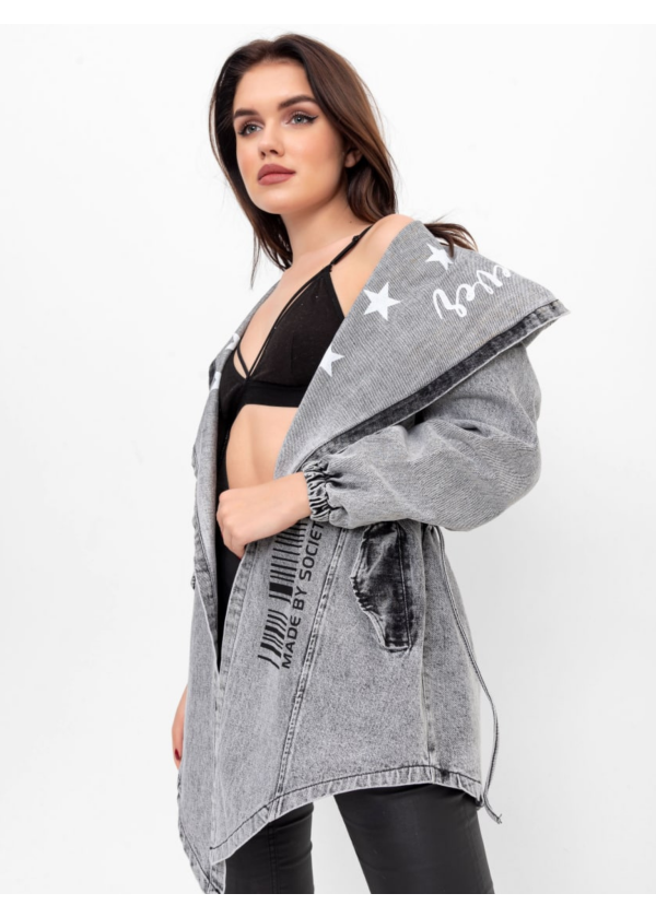 Belden Bağlamalı Kapüşonlu Salaş Uzun Kot Ceket