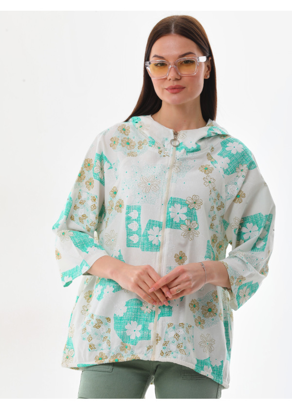 Çiçek Desen Kapüşonlu Fermuarlı Yeşil Salaş Ceket