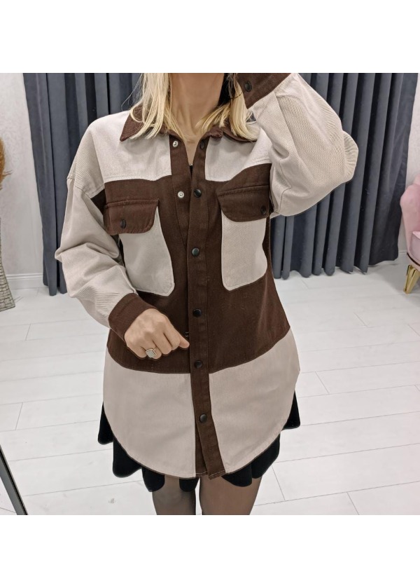 Çift Renk Çıtcıt Detay Kahve Gabardin Gömlek 