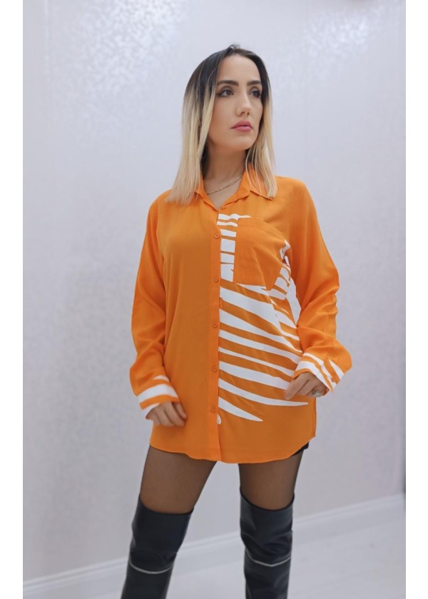 Çizgi Detay Cepli Kadın Turuncu Viskon Gömlek