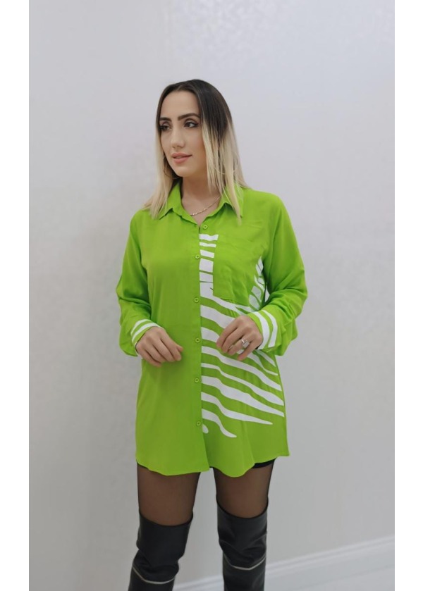Çizgi Detay Cepli Kadın Fıstık Yeşili Viskon Gömlek 