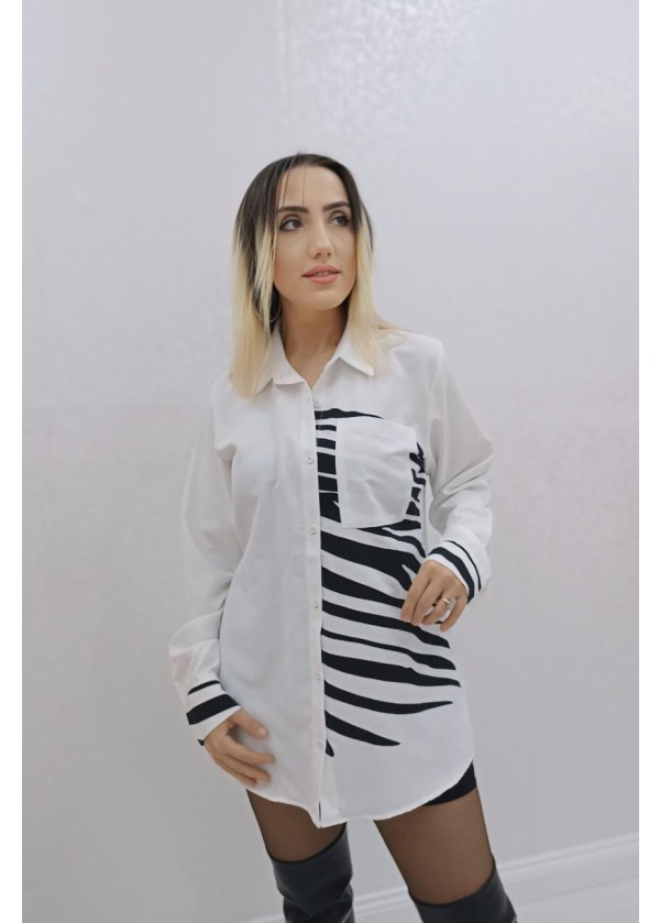 Çizgi Detay Cepli Kadın Beyaz Viskon Gömlek 