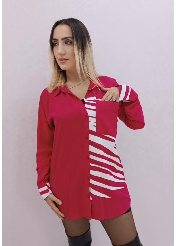 Çizgi Detay Cepli Kadın Fuşya Viskon Gömlek