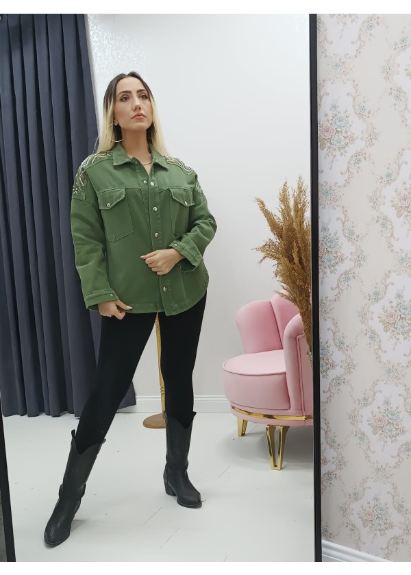 Nakış Detaylı Gabardin Cıtcıt Düğmeli Haki Gömlek 