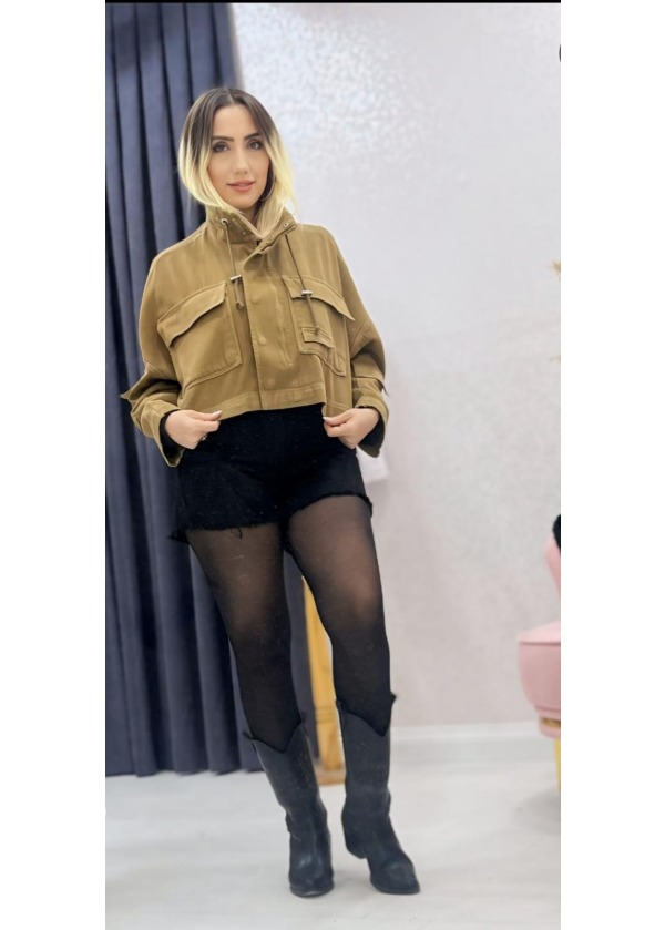 Crop Cep Detaylı Farmuarlı Cıtcıtlı Gabardin Kahve Ceket 