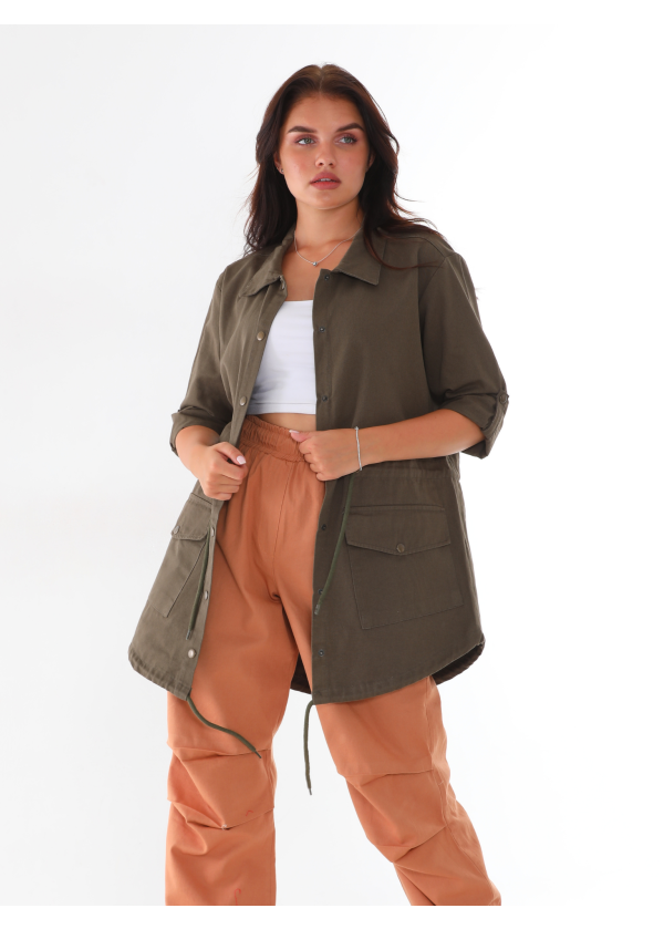 Sırt Baskı Detaylı Belden Bağlamalı Cift Cepli Düğmeli Haki Uzun Salaş Gömlek