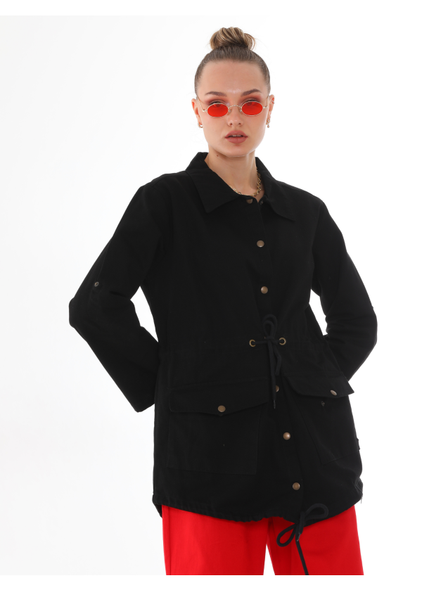 Sırt Baskı Detaylı Belden Bağlamalı Cift Cepli Düğmeli Siyah Salaş Gömlek