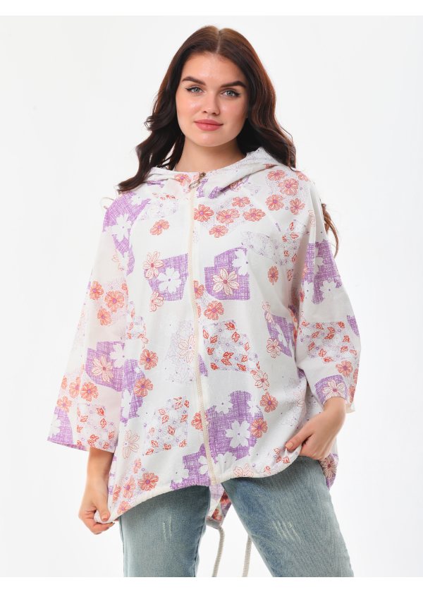 Çiçek Desen Kapüşonlu Fermuarlı Lila Salaş Ceket