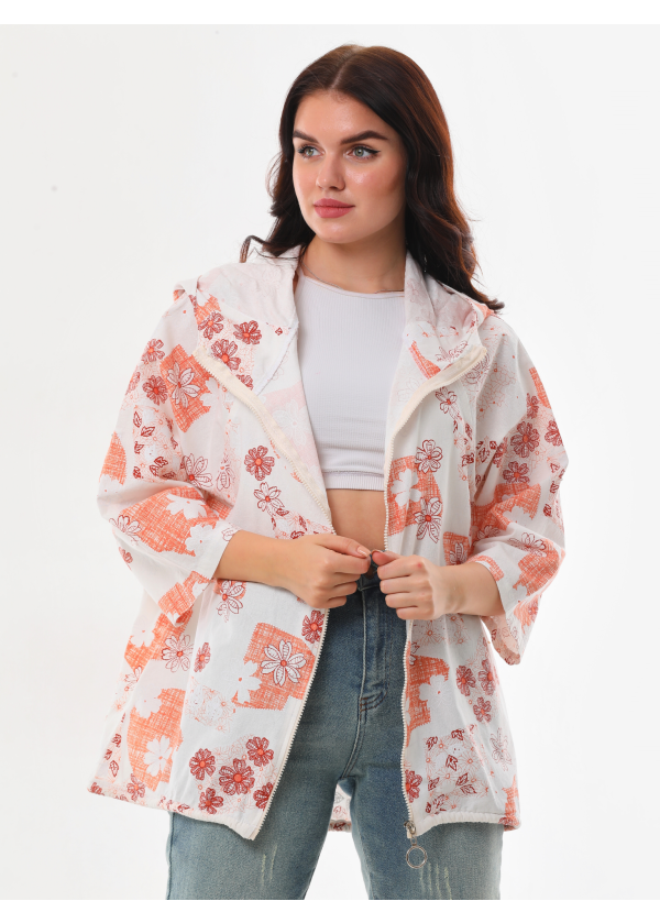 Çiçek Desen Kapüşonlu Fermuarlı Kremit Salaş Ceket