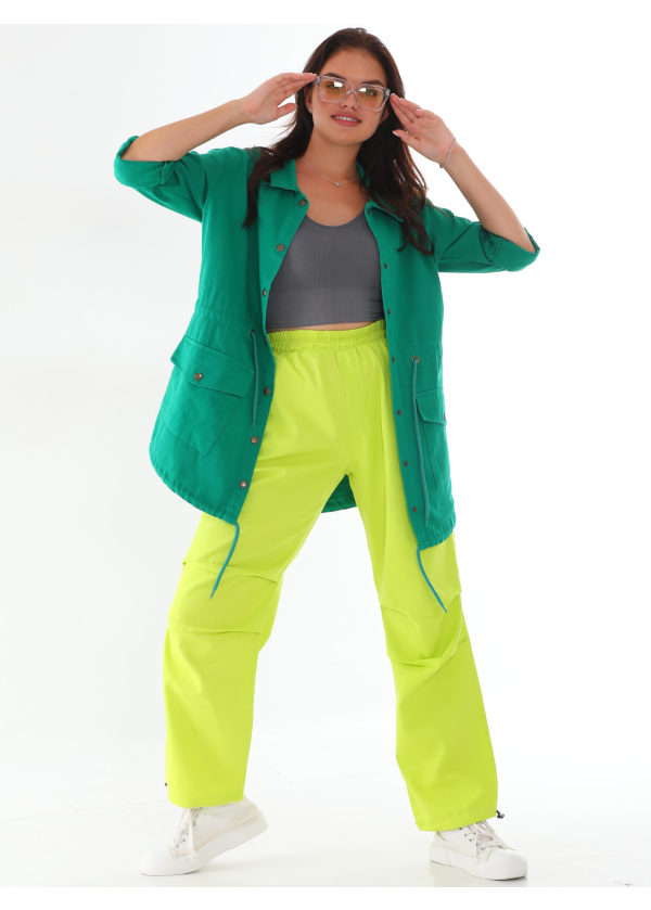 Lastik Paça Yan ve Arka Cep Detaylı Fıstık Yeşil Paraşut Pantolon 