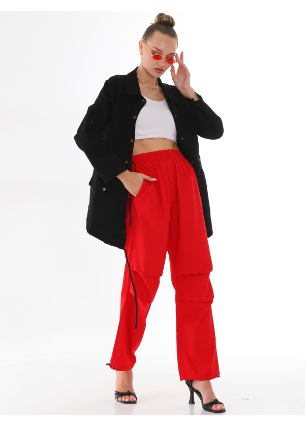 Lastik Paça Yan ve Arka Cep Detaylı Kırmızı Paraşut Pantolon 