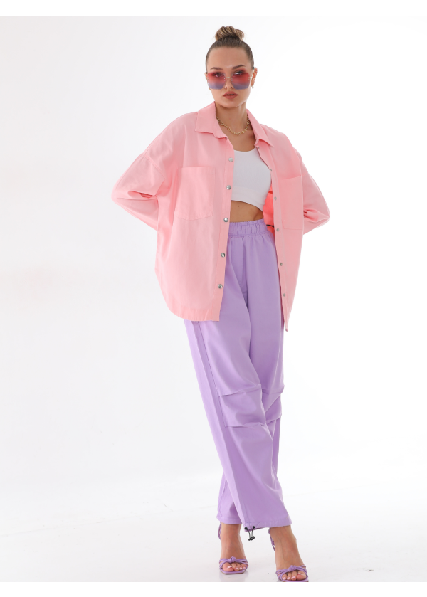  Lastik Paça Yan ve Arka Cep Detaylı Lila Paraşut Pantolon	