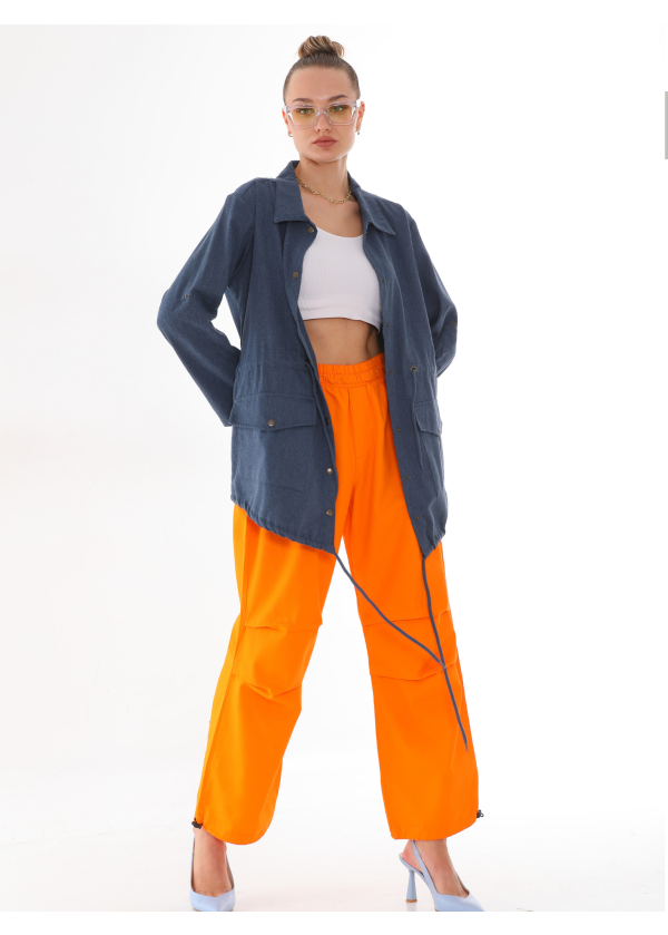 Lastik Paça Yan ve Arka Cep Detaylı Oranj Paraşut Pantolon 