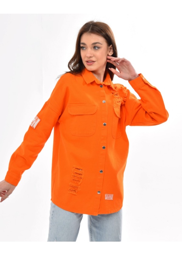 Eskitmeli Oversize Gabardin Turuncu Kadın Gömlek 